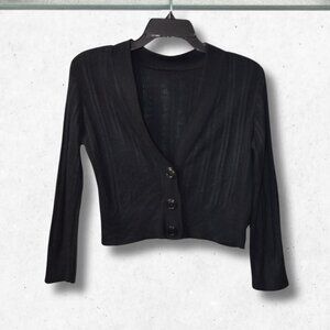 Black V-Neck Crop Cardigan–3/4 Sleeve, Button-Up, Chic, Stylish, Casual Sweater